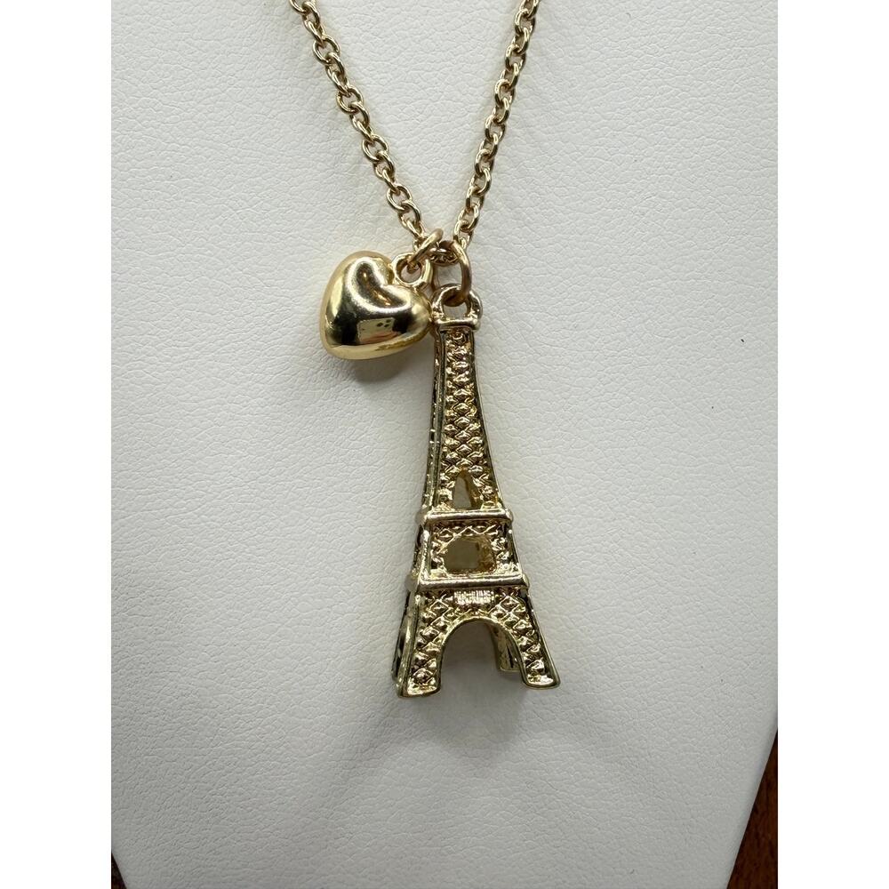 Eiffel Tower Pendant Necklace – Gold Tone, Heart Charm, 11" Drop